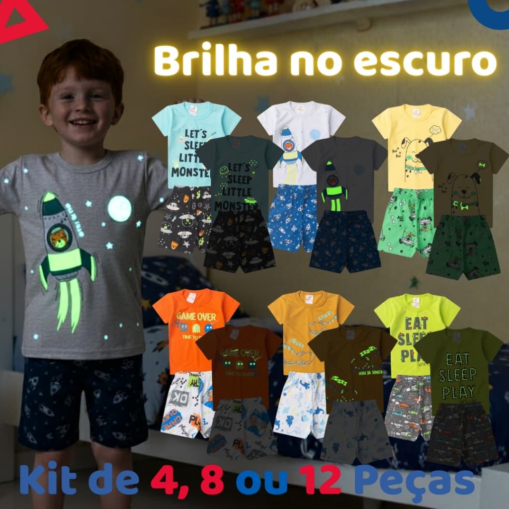 Kit de 4, 8 ou 12 Peças Pijama Brilha no Escuro Infantil Menino Verão - Roupa Infantil Masculino