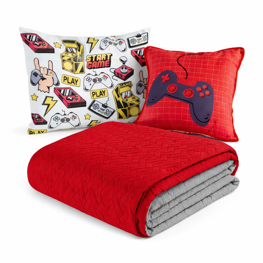 Cocha Colcha Coxa Cobre Leito Jogo Roupa Cama Solteiro 5 Peças Matelado Quarto Menino Game Vermelho