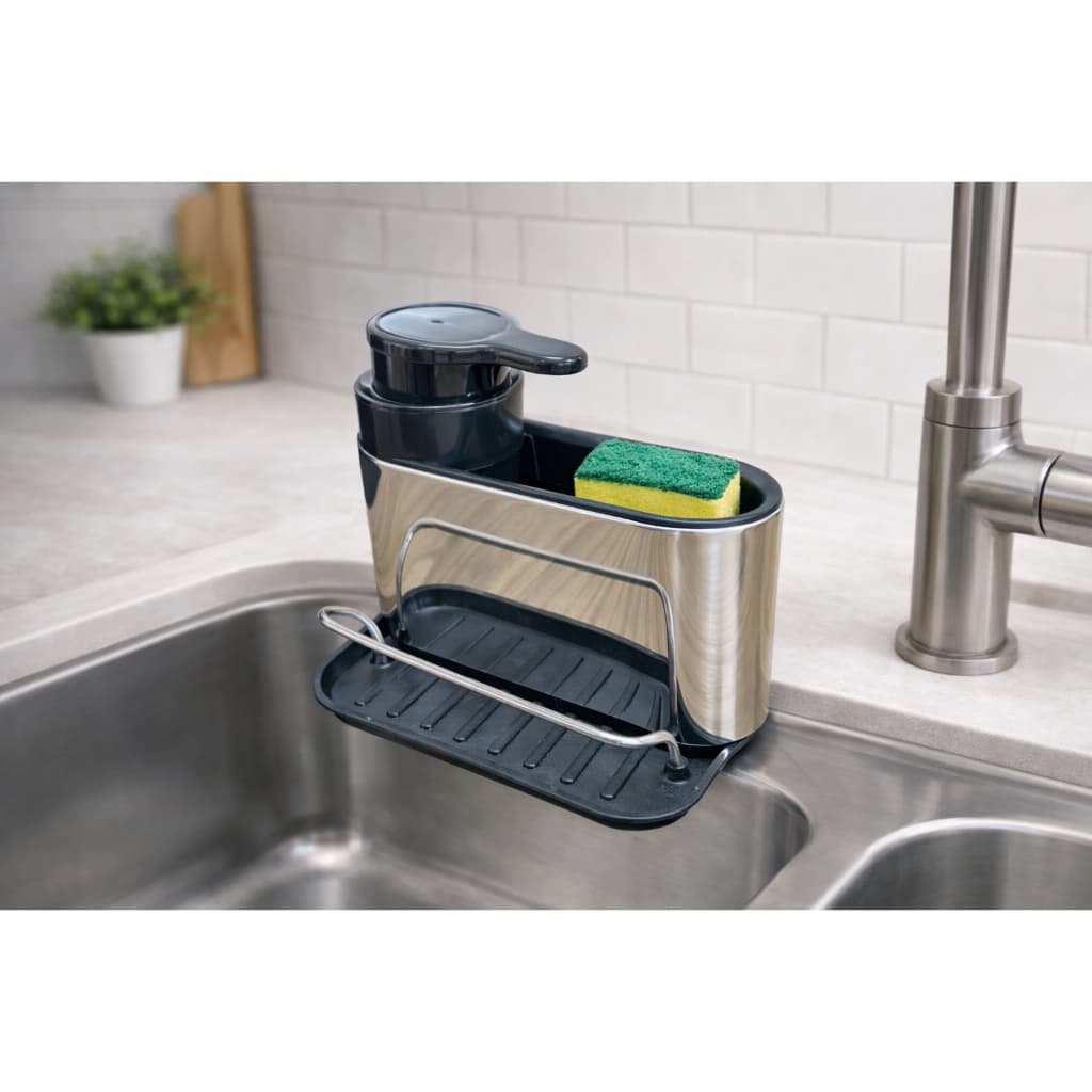 Organizador De Lava Louça com Dispenser de Sabão Detergente em Aço Inox com base Preta