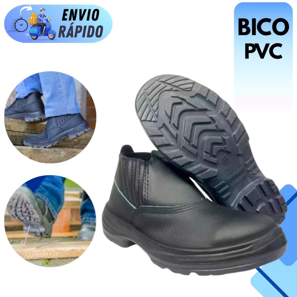 BOTA BOTINA DE SEGURANÇA BICO PVC BOMPEL COURO VAQUETA PRETO SOLADO PU ANTIDERRAPENTE TRABALHO EPI