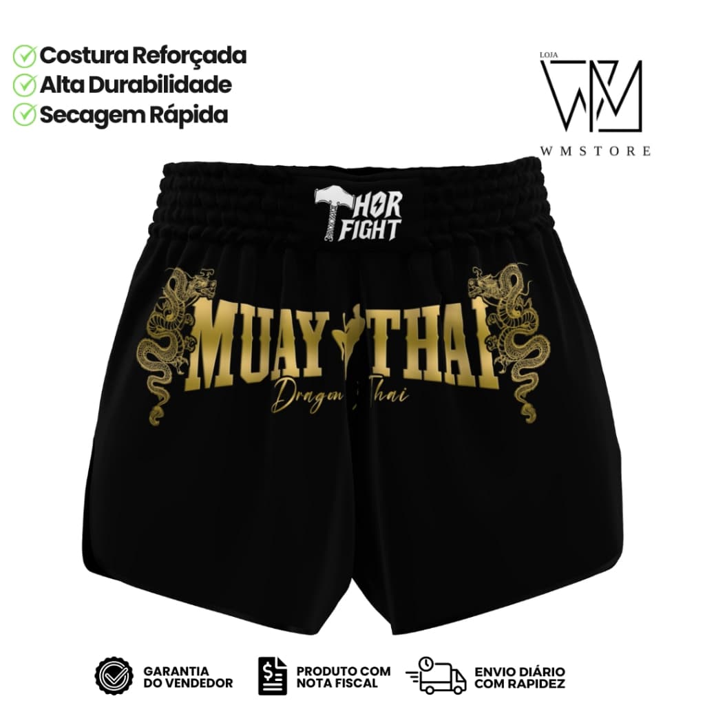 Short Muay Thai Dragon Thai Dourado Unissex Básico Alta Qualidade