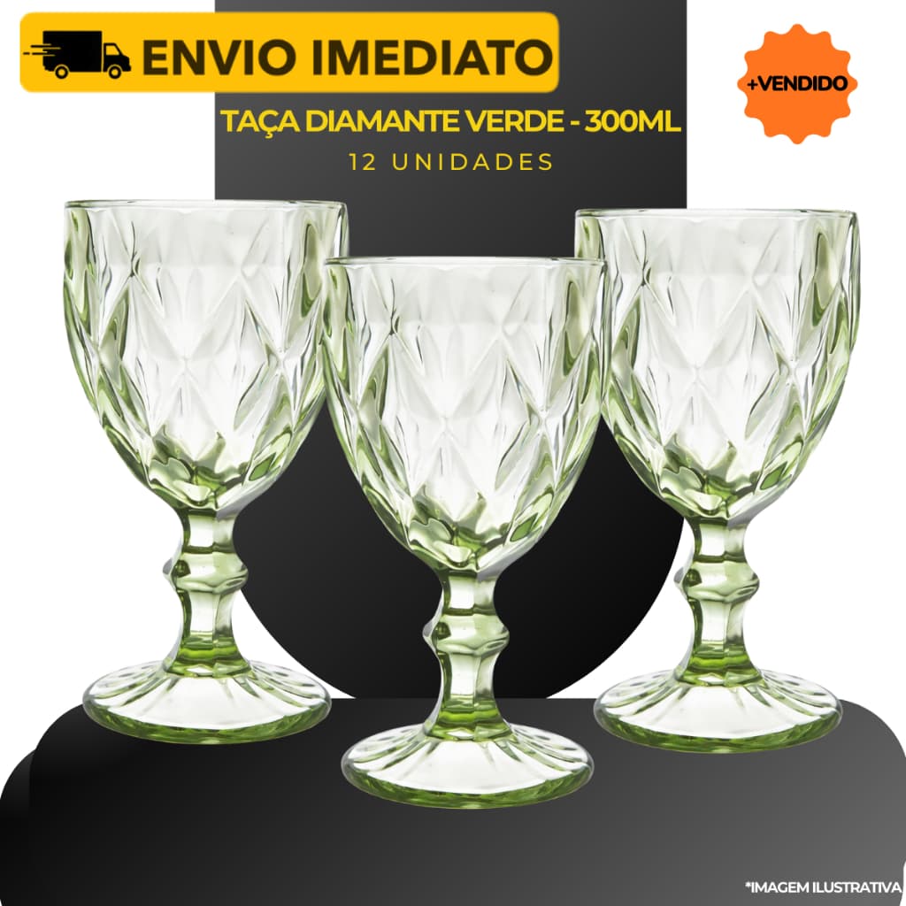 Jogo 12 Taças Diamante Verde 300ml Copo Vidro Luxo Água Suco
