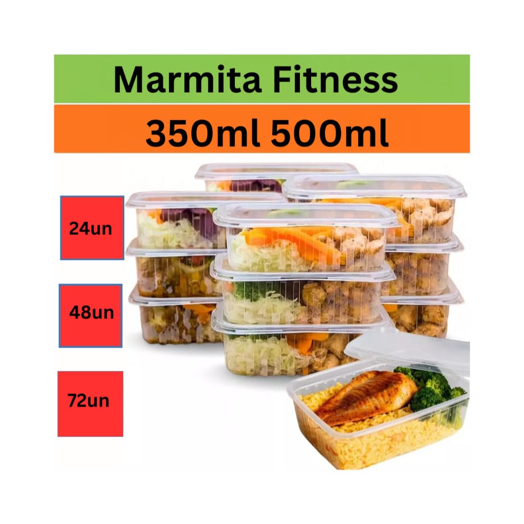 Kit Pote Plástico Marmita Descartável Embalagem Retangular Plástica 500ml/350ml Comida Fitness Freezer Microondas