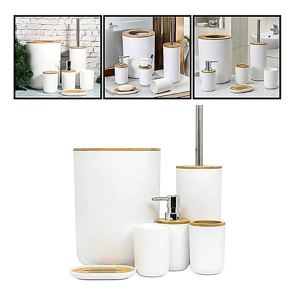 Kit Banheiro 6 Peças Bambu Com Lixeira Porta Escova Saboneteira Conjunto Decorativo Branco Organização