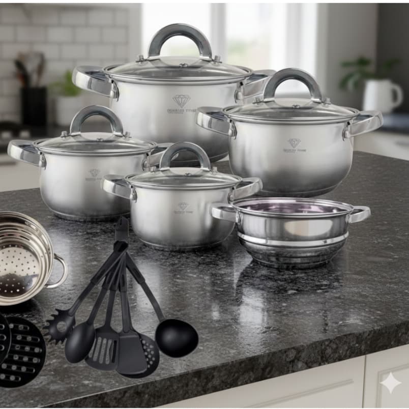Jogo de Panelas 19 Peças Aço Inox Genebra Original Acessórios para Gás e Indução