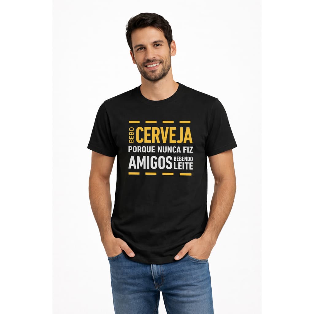 Camiseta Masculina Tamanho PP ao G3 Estampada Com Frase Nunca Fiz Amigos Bebendo Leite T-shirt Blusa