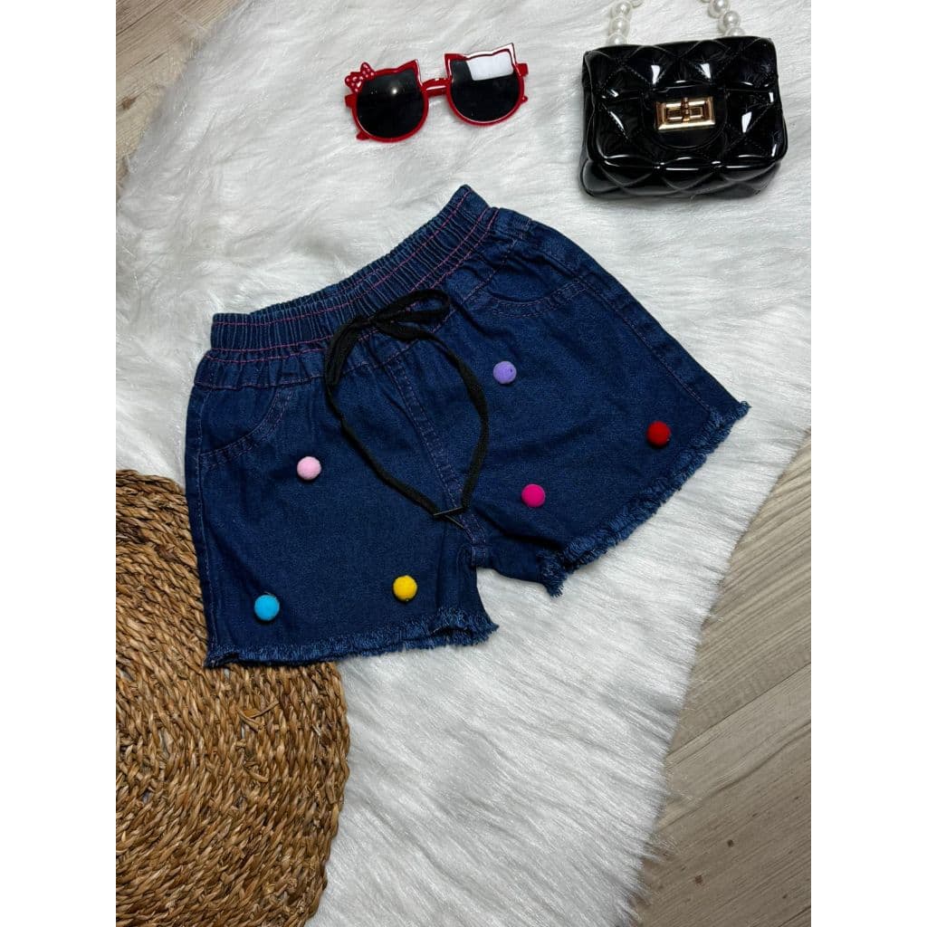 Shorts Pompom Bolinha Meninas Jeans Molinho 01 a 03 anos