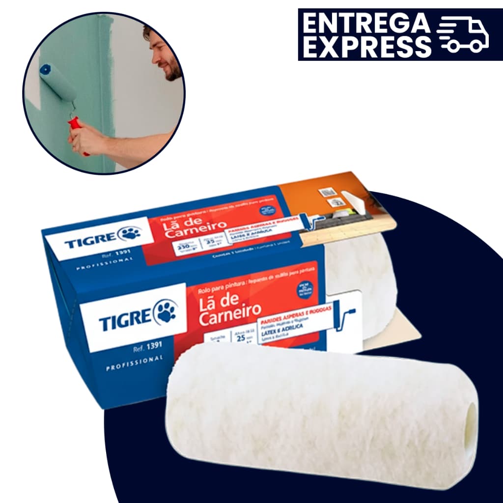 Rolo Para Pintura Tigre 23Cm Lã Natural Branco Sem Cabo Antirrespingo Profissional Ref 1391