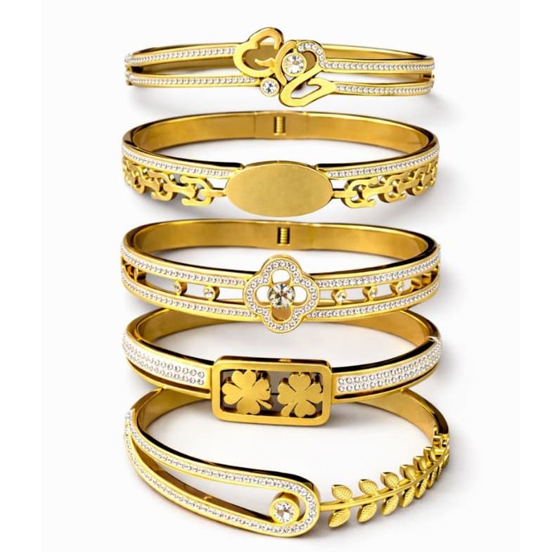 Bracelete Dourado Aço Inox 316L Nao Escurece - Estilo Grife Trabalhada em Zirconia Feminino