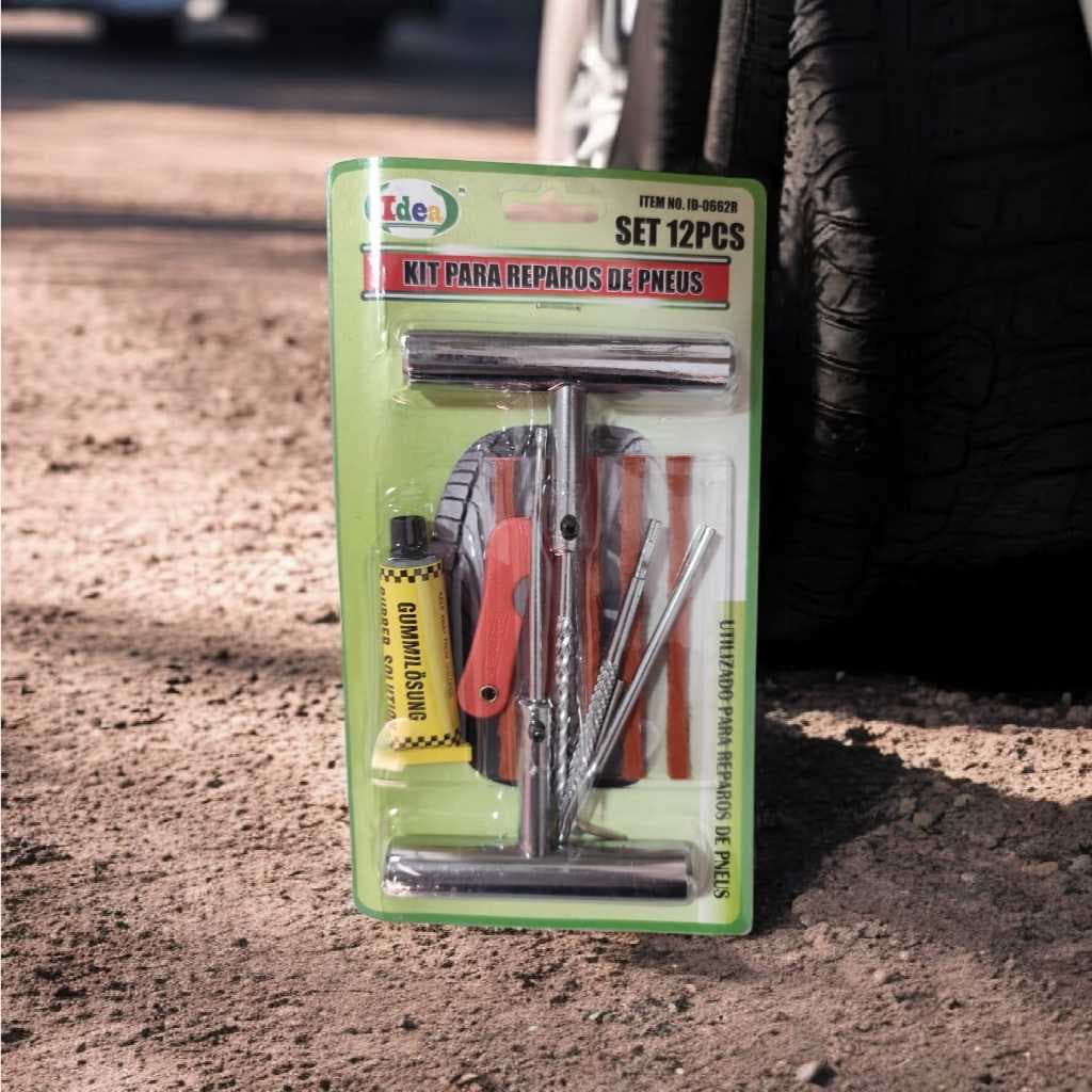 Kit de Reparo de Pneus para Carro e Moto Sem Câmara, com 12 Peças