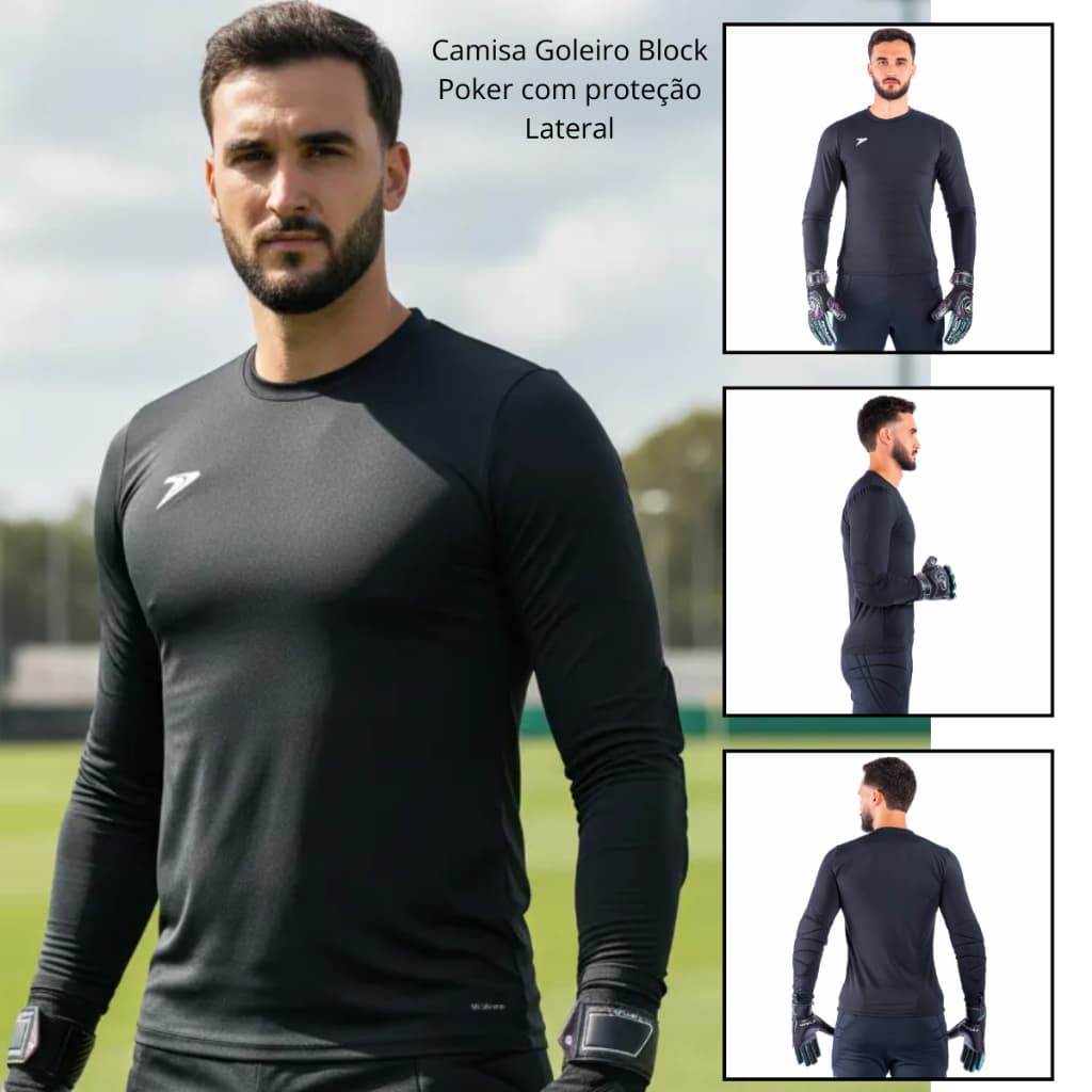 Camisa Térmica Goleiro Poker com espuma Cotovelo Block Futebol Futsal Sintético Handebol