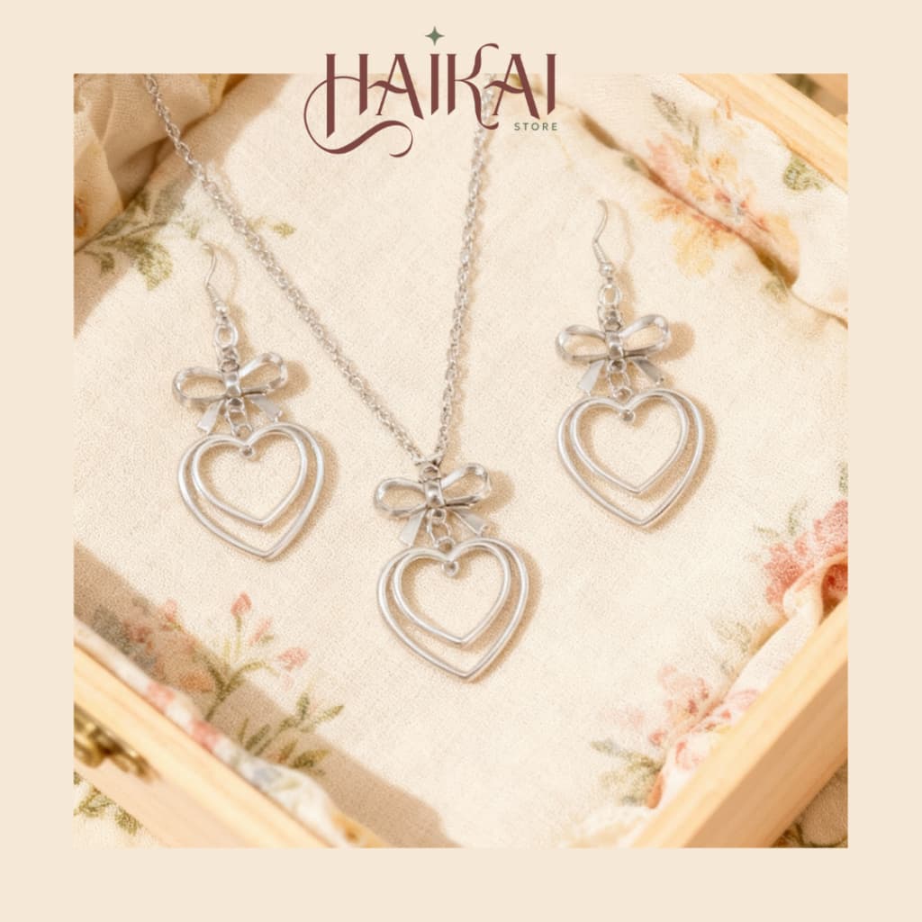 Conjunto Brincos e Colar de coração e laço alternativo coreano bijuteria fofa fairy Y2K coquette