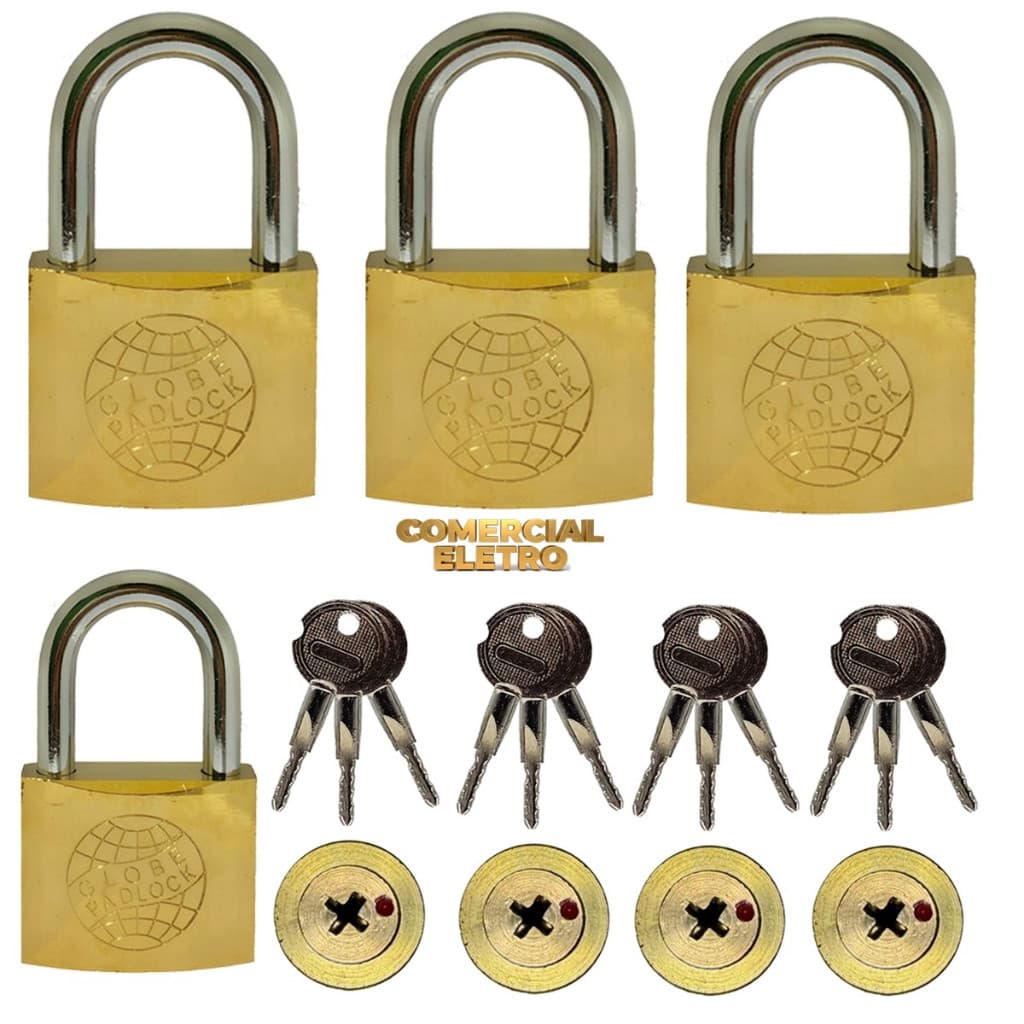 Kit 4 Cadeados Globe Antifurto Chave Tetra 38mm Para Correntes Portão Garagens Deposito Loja Garagem