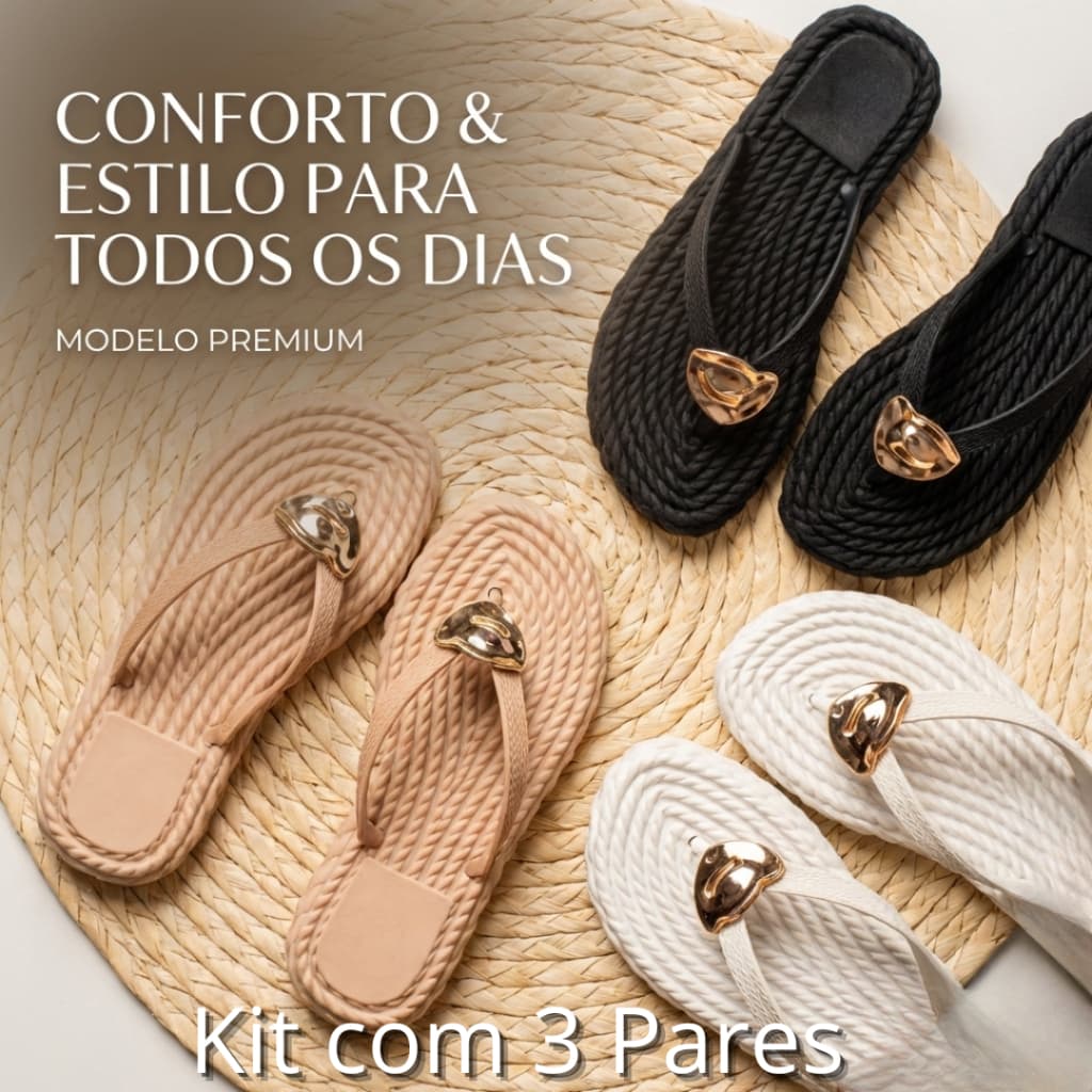 Kit 3 Pares Sandália Feminina Marrocos Rasteirinha Confortável Trançada com Detalhe Dourado Casual Tendência