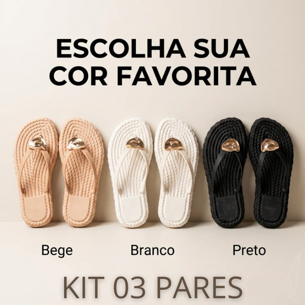 Kit 3 Pares Sandália Rasteira Feminina Marrocos com Detalhe Dourado Conforto e Estilo Casual