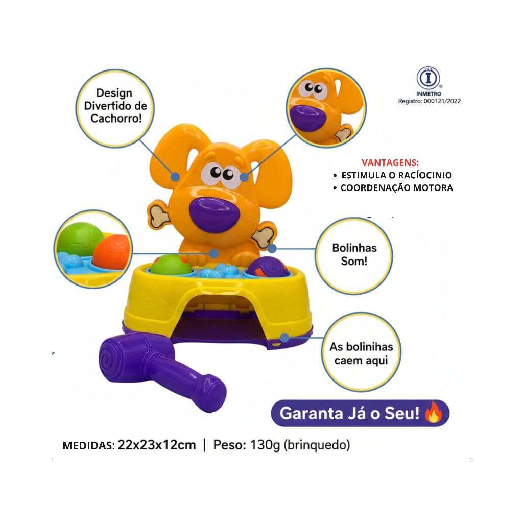 Brinquedo Infantil Didático Bate Dog Cachorro com Martelo e Bolinhas - JP Brink