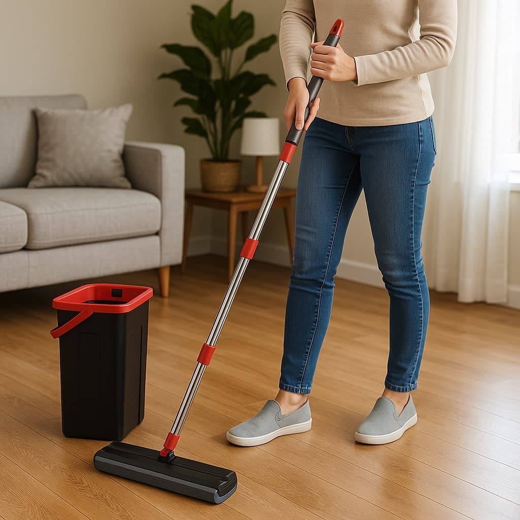 Mop Esponja PVA com Balde e Cabo em Aço Inox 125 cm. Dobrável. Fácil de guardar. Esfregão. Vassoura