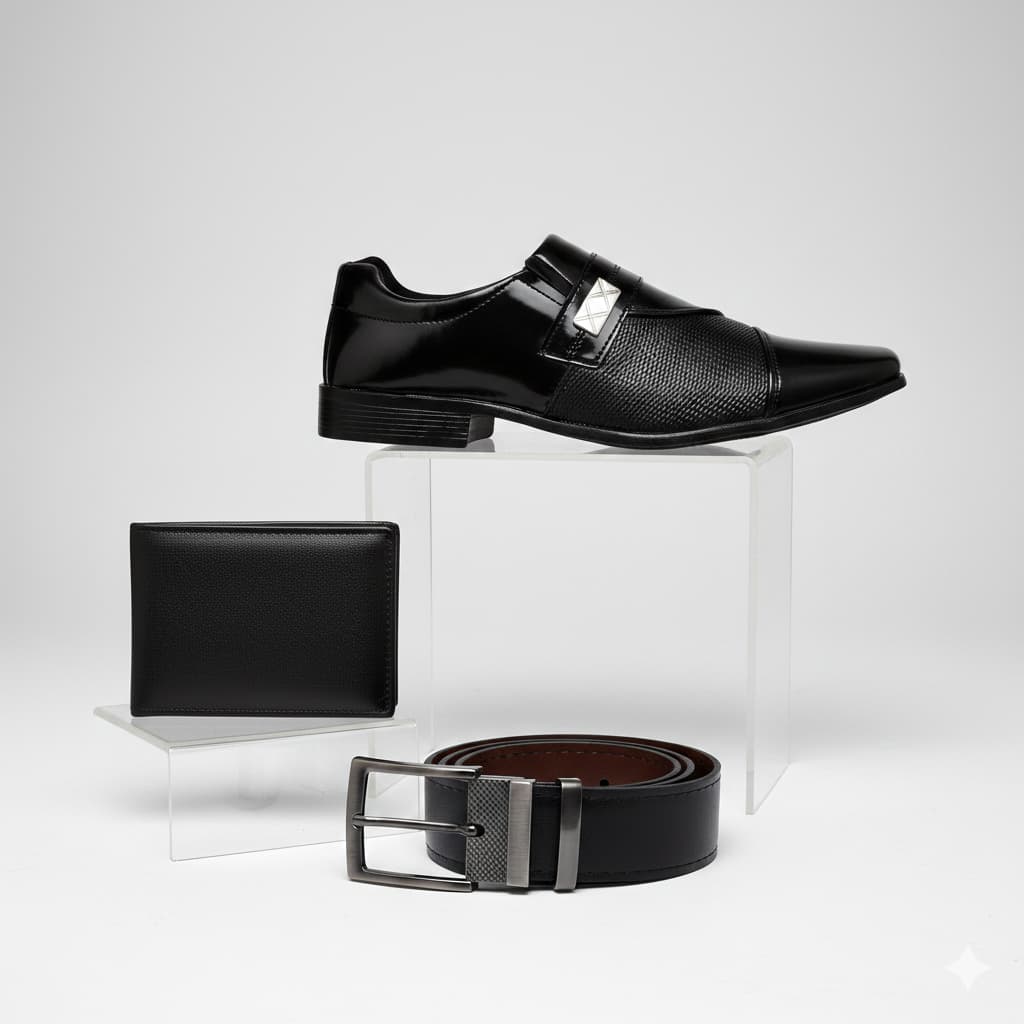 Kit Sapato Social Masculino Verniz Preto Marrom Cinto Carteira Confortável Sapatenis Casamento Festa
