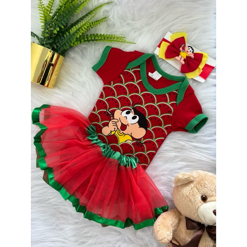 Body Bebê Infantil Mêsversário Temático Turma da Monica Melancia Magali Personagens Fantasia+BRlNDE