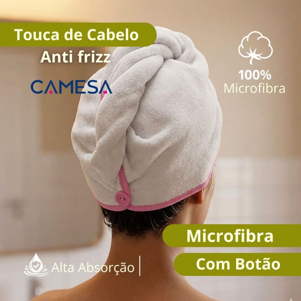 Touca de Cabelo Anti Frizz 100% Microfibra com Botão Prendedor Alta Absorção