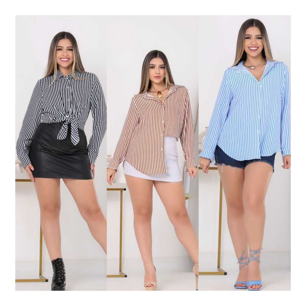CAMISA MANGA LONGA LISTRADA  RISCA DE GIZ FEMININA