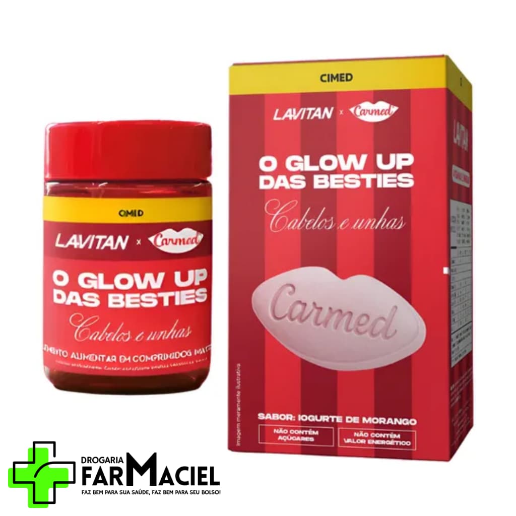 Lavitan Carmed Cabelos e Unhas O Glow Up das Besties 60 comprimidos mastigáveis iogurte de morango