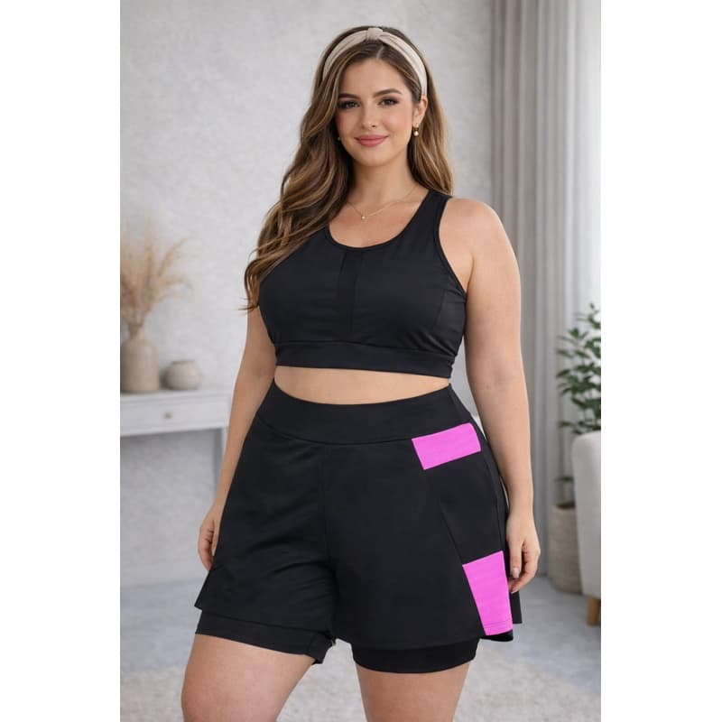 Conjunto Feminino Fitness bermuda short Saia moda Evangélica Plus Size e Top com bojo Plus size