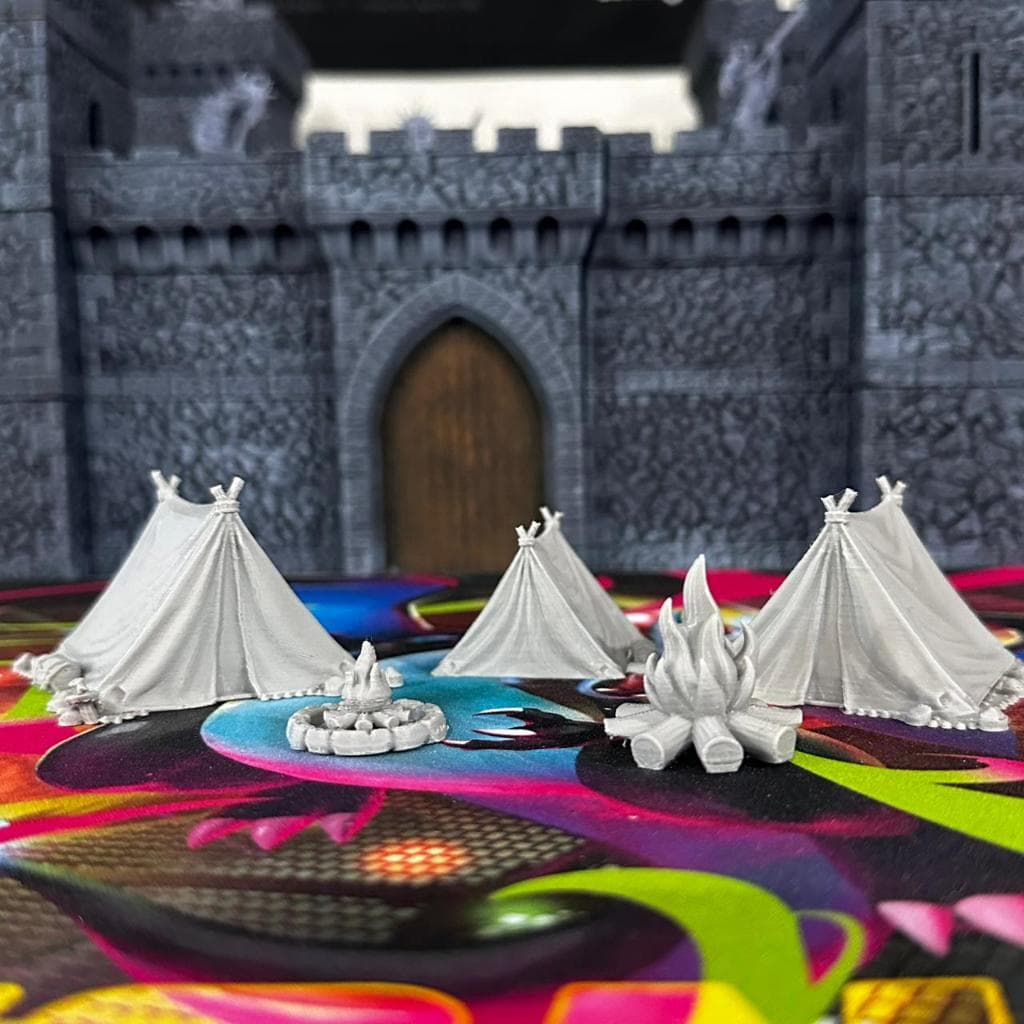 Kit Acampamento 3 Barracas + 2 Fogueiras para  RPG Dungeons Maquete Diorama