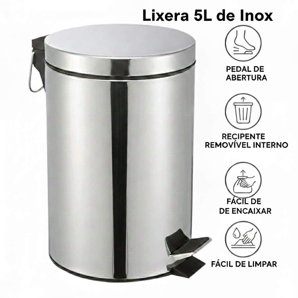 Lixeira Inox Pedal Capacidade 5 Litros Design Slim Porta Lixo Sensível Praticidade