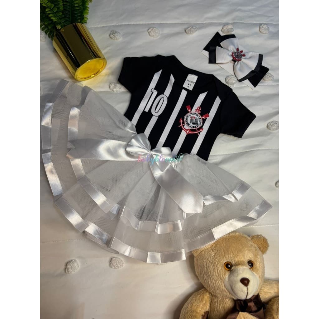 Body Bebê Saia e Laço Mêsversário Temático Time Corinthians Babado Feminino Personagem Fantasia