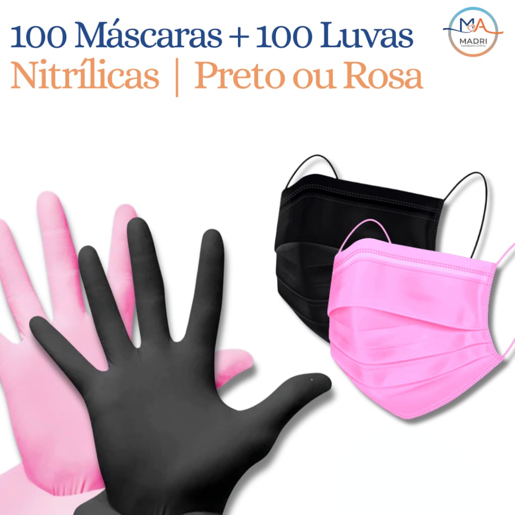 Kit 100 Máscara Descartável + 100 Luva Nitrílica Nivyl | ROSA E PRETO - Estética, Higiene e Cuidado