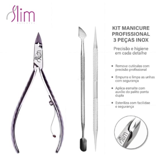 Kit 3 Peças Profissional Manicure Inox Alicate Cutícula Espátula 01 Palito Ponta Dupla 03 Esterilizável