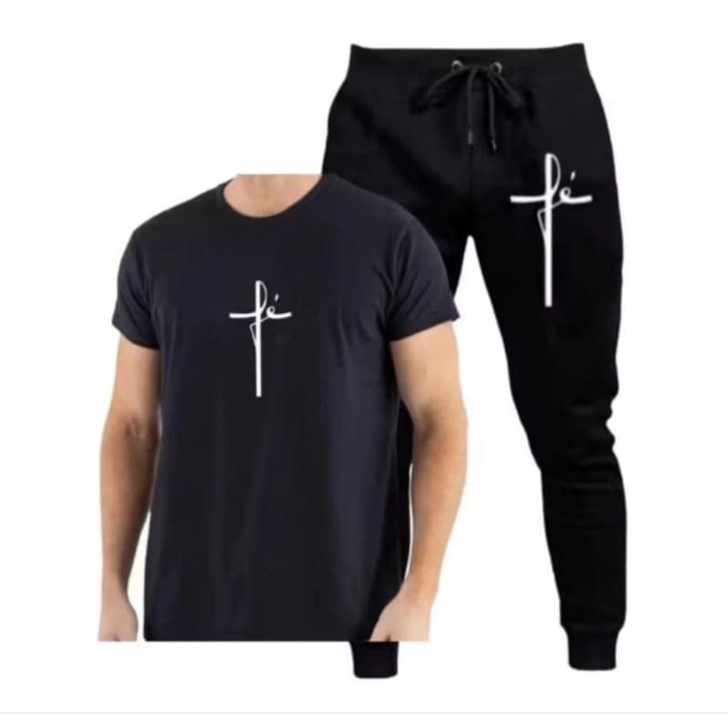Kit conjunto masculino camiseta + calça moletom com estampa fé camisa malha premium respirável