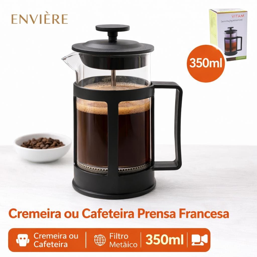 Cafeteira Prensa Francesa 350ml - Vidro - Filtro Inox - Cremeira para Leite Espumado - Café / Chá - Moderna - Gourmet