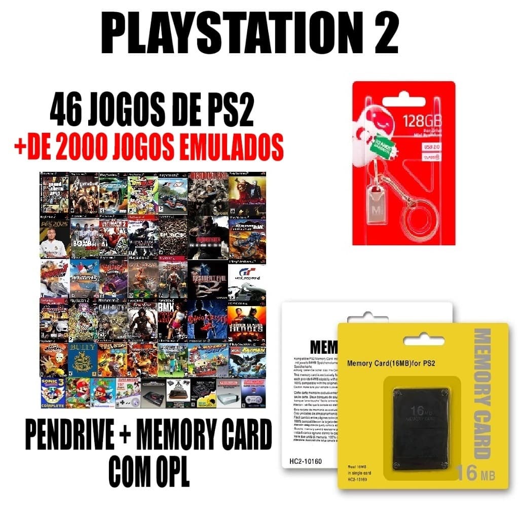 Kit Opl/Ps2 Memory Card + Pen Drive 128gb Com 1000 Jogos