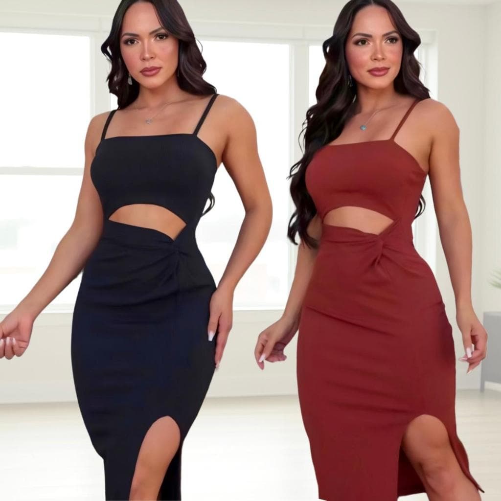 Vestido Anarruga Midi Blogueira Com Tiras e Fenda