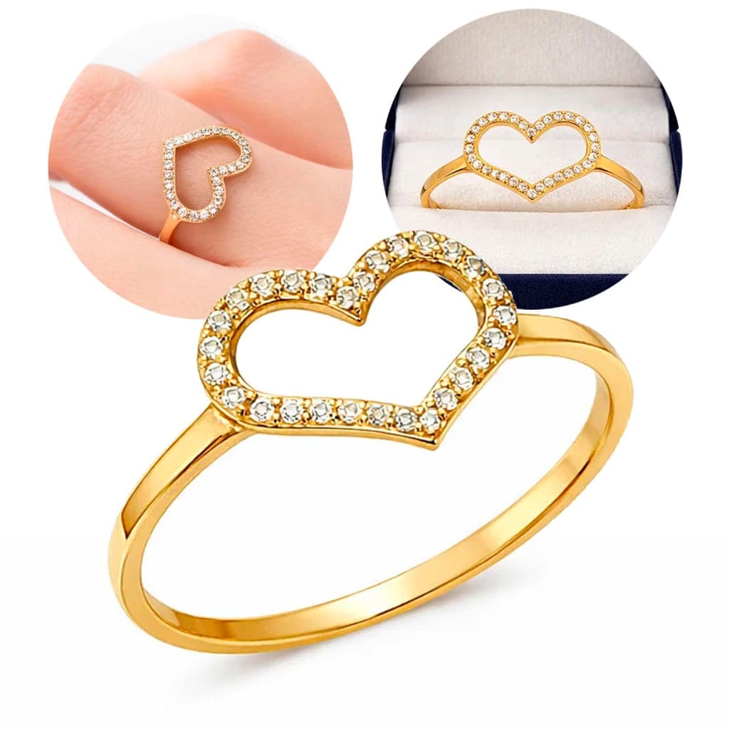 Anel Coração Vazado 100% Moeda Antiga com Zircônias Feminino Dourado Resistente