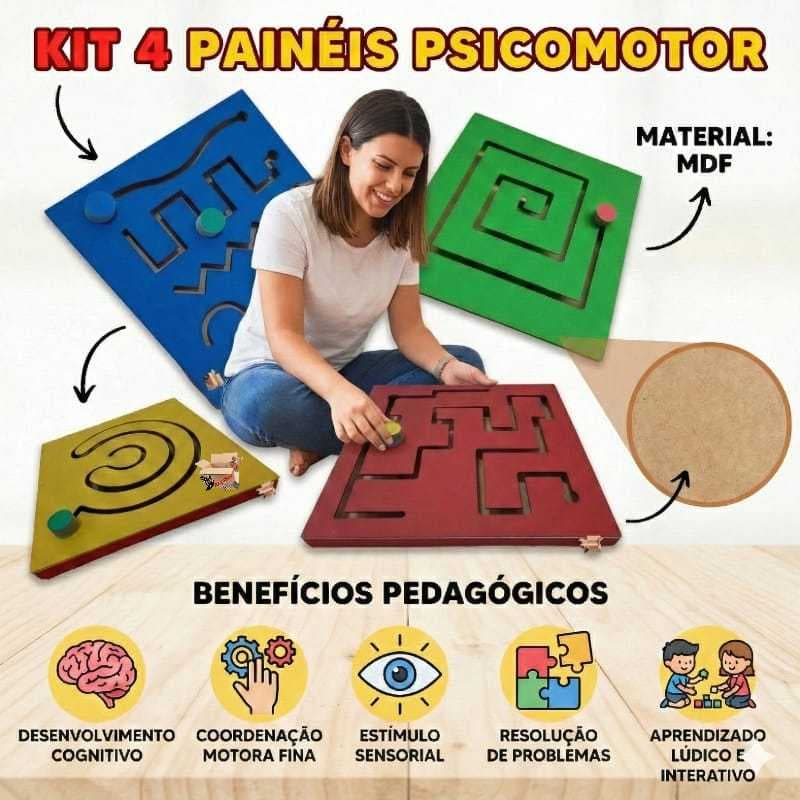 Brinquedo Pedagógico Educativo Em Madeira Linha Vazada Kit 04 Paineis Psicomotores