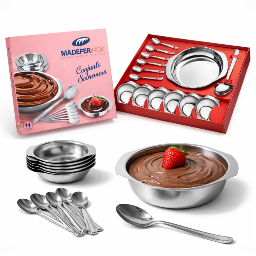 Conjunto Kit Para Sobremesa Aço Inox 14 Peças Completo Tigela Colheres Bowl