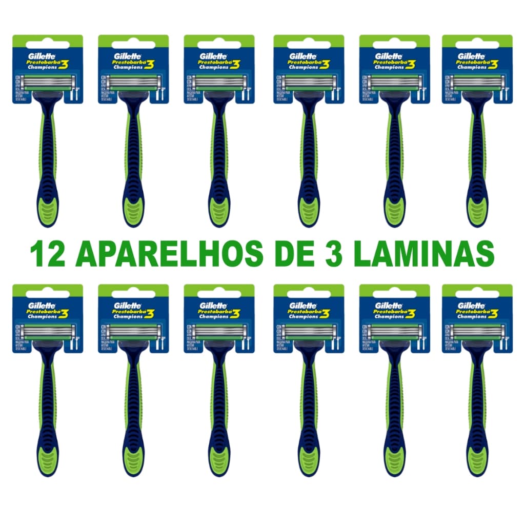 Kit 12 Aparelhos Barba Descartavel Gillette Prestobarba 3 Laminas Champions Aloe Vera