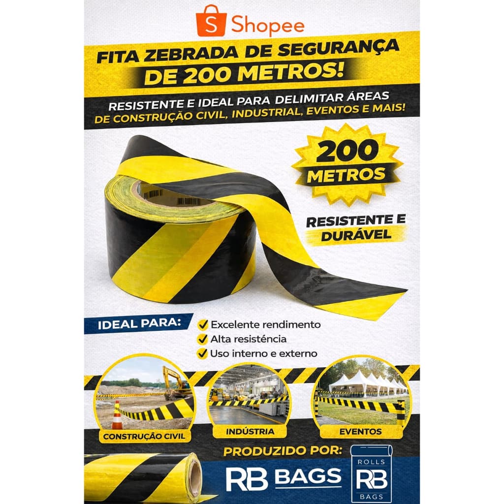 Kit 12 Fita Zebrada Amarela e Preto Sinalização Obra Interdição Alerta Manutenção Eventos