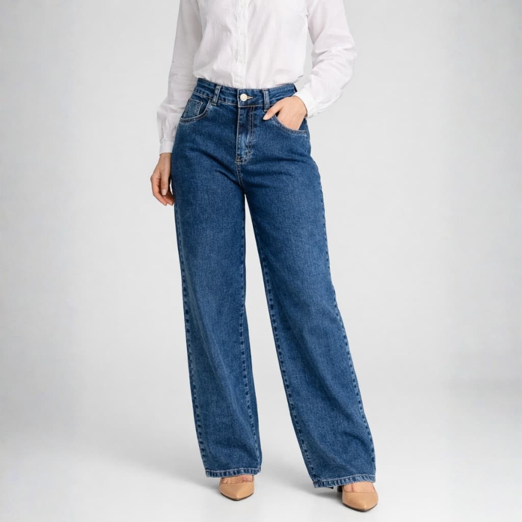 Calça Wide Leg Jeans Sawary Original Feminina Cintura Alta Lycra Elastano Confortável Lançamento