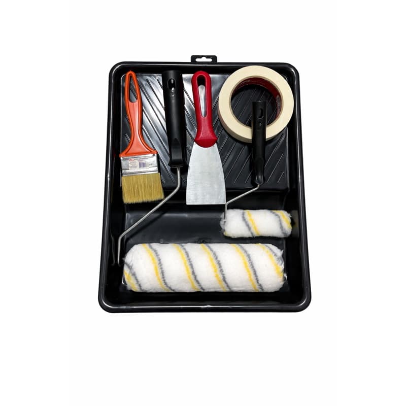 Kit Pintura sem respingo Profissional Compel 7 Peças com Bandeja Grande Suporte Rolo 23cm e 9cm Pincel Espátula Fita