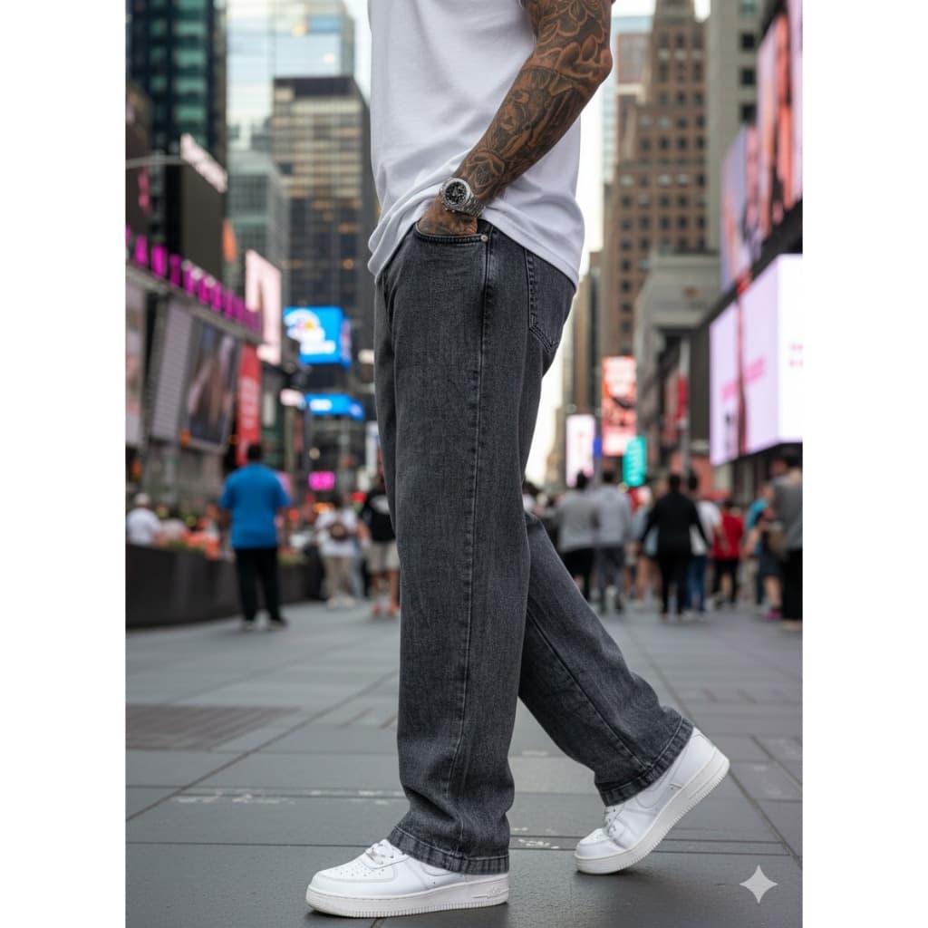 Calça Jeans Baggy Corte Reto Estonada Preta Streetwear
