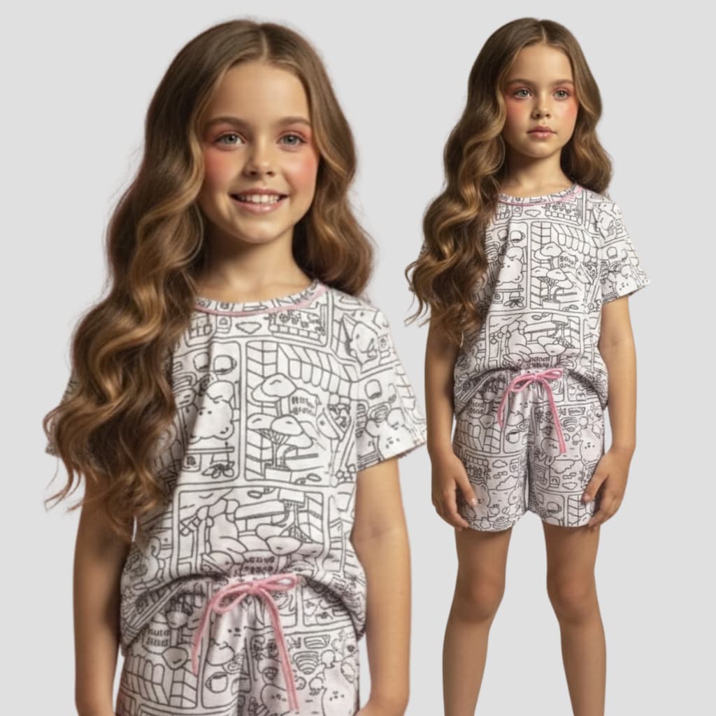 Pijama Infantil Feminino Meia Manga Para Colorir Lavável