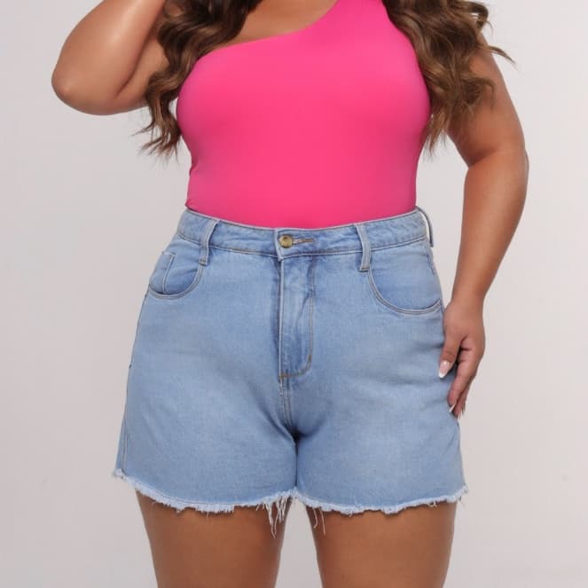 Shorts Claro Plus Size Feminino Jeans Cintura Alta 100% Algodão Short Levanta e Empina Bumbum