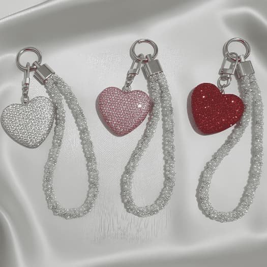 Cordão Pulseira Salva Celular Curto Bling Pingente Coração Cereja Cravejado StrassBrilhante Chaveiro