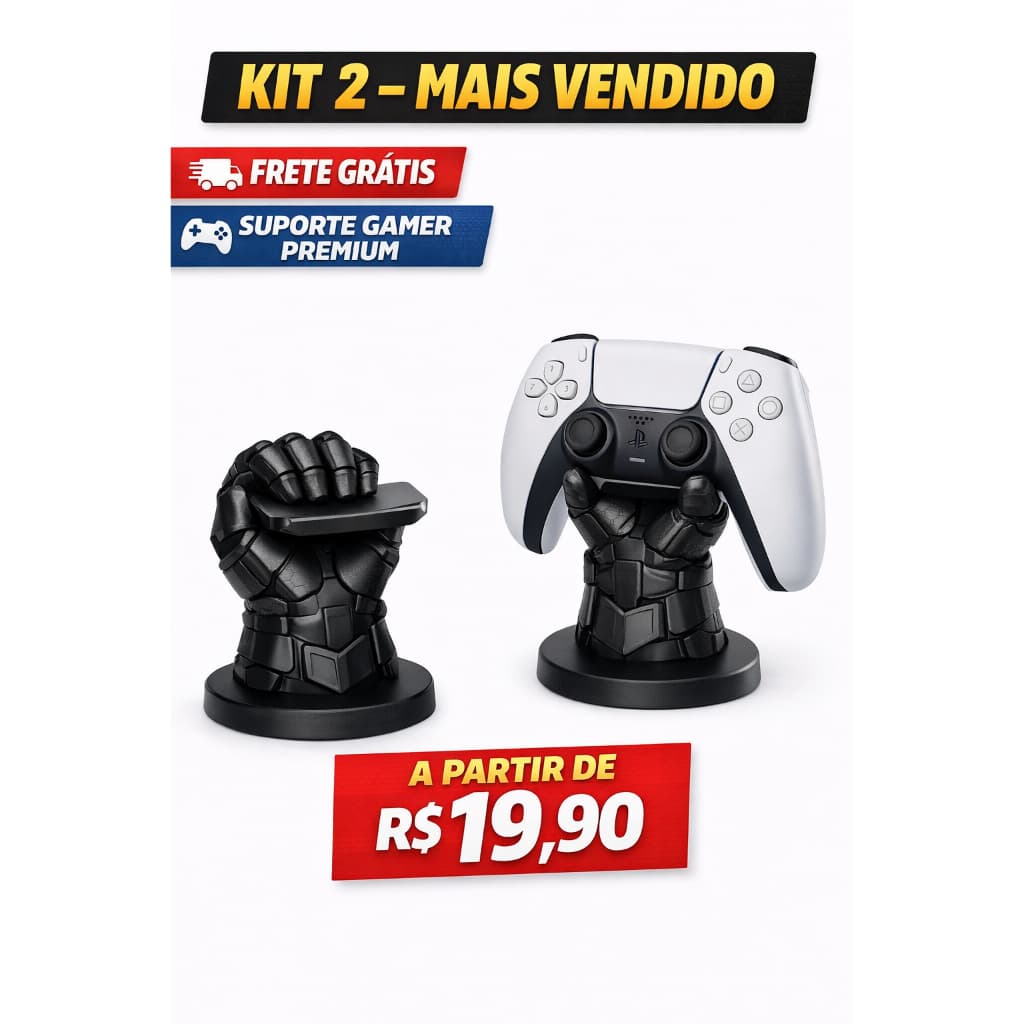 Kit 2 Suporte Gamer para Controle – Mão Armadura – Base Decorativa – Compatível PS4 PS5 Xbox PC