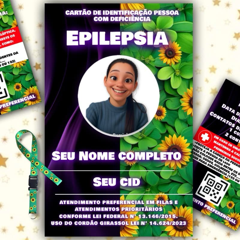 kit Cordão Girassol + Crachá + Carteirinha EPILEPSIA com Laudo Médico no Qr code crachá epilepsia
