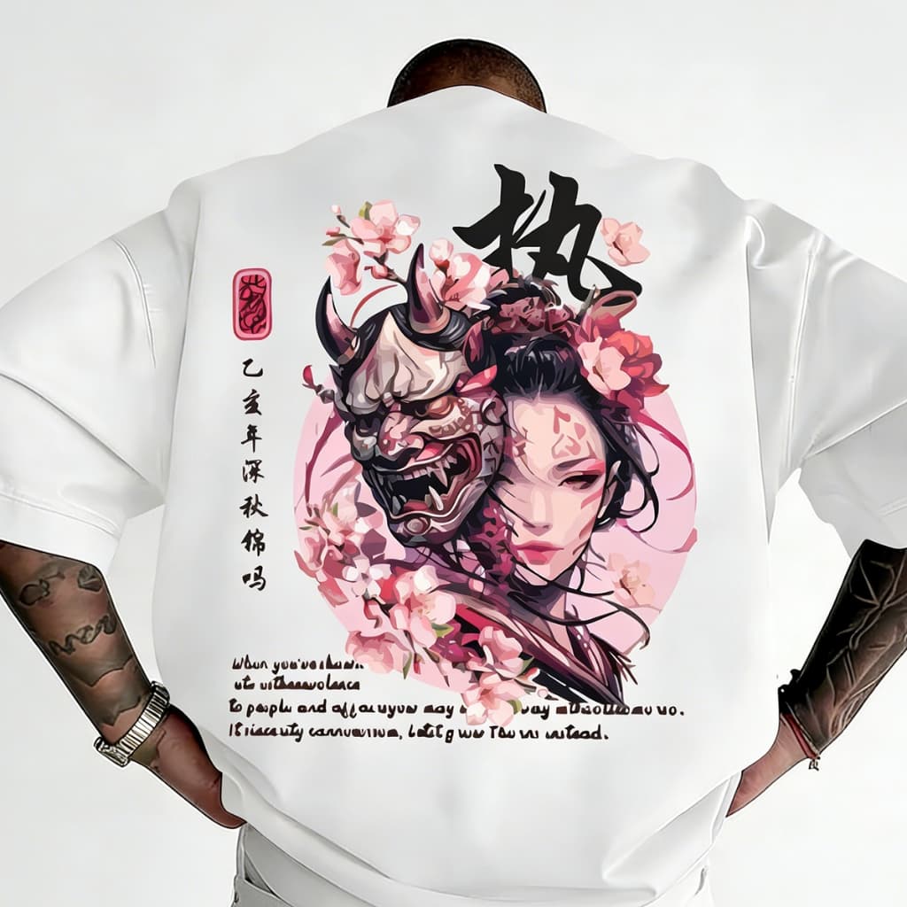 Camiseta unissex com estampa de anime oriental, estilo streetwear largo e fashion